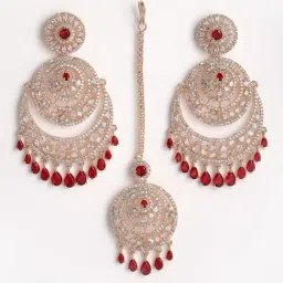 Zeneme Rose Gold Plated Pink AD Contemporary Earring & Maang Tikka Set image 4