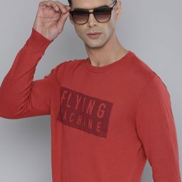 Flying Machine Men Rust Red Brand Logo Printed Pure Cotton Pullover-picture-36