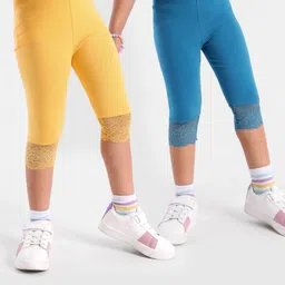 Honeyhap Premium Super Soft & Stretch Cotton Three Fourth Legging With Bio Finish Pack Of 2 Solid Colour -Turkish Tile & Banana Cream-picture-18