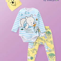 babyoye disney Babyoye Disney Interlock Knit Full Sleeves Winnie The Pooh Printed Striped Onesie with Diaper Legging & Cap - White & Yellow-picture-44
