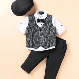 Robo Fry Lycra Knit Full Sleeves Geometric Printed 3 Piece Party Suit with Hat & Bow - Black-picture-28