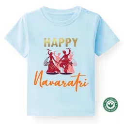 BLUSHES Navaratri Theme 100% Cotton Half Sleeves Happy Navratri Text Printed Tee - Powder Blue-picture-14