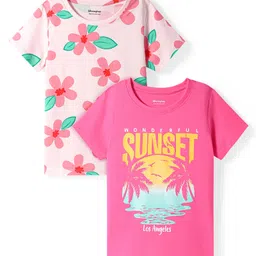 Honeyhap Premium Cotton Knit Half Sleeves T-Shirts With Sunset & Floral Print Pack of 2 - Fandango Pink & Mary's Rose-picture-26