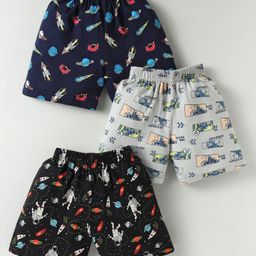 CUCUMBER Sinker Knit Above Knee Length Shorts With Space Theme Print Pack Of 3 - Navy Blue Black & Grey-picture-5