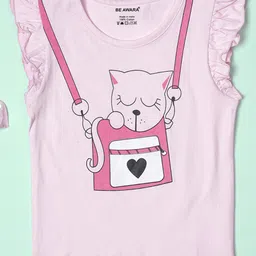 Be Awara Cotton Knit Frill Sleeves Cat Printed Top - Pink-picture-34