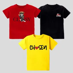 KAVEE Pure Cotton Pack Of 3 Half Sleeves Bike & Chosen Text Printed Tees - Red Black & Yellow-picture-16
