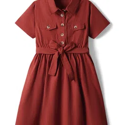 Pine Kids 100% Cotton Half Sleeves Solid Coloured Dress With Belt & Collar Neck - Red-picture-15