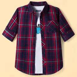 Pine Kids Cotton Woven Full Sleeves Check Shirt with Inner T-Shirt - Red & White-image-7