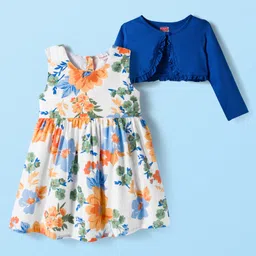 Babyhug Cotton Woven Floral Print Frock with Full Sleeves Shrug - White & Blue-picture-25