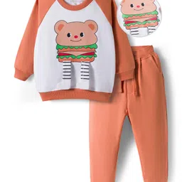 Mark & Mia Terry Knit Full Raglan Sleeves Winter Wear Suit with Burger Graphic & Bear Applique - Coral-picture-19