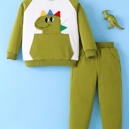 Mark & Mia Cotton Full Raglan Sleeves Winter Wear T-Shirt & Joggers Set With Dino Applique - Green & White-picture-25