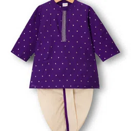 Babyhug Cotton Blend Woven Full Sleeves Kurta Dhoti Set With Foil Print - Purple & White-picture-11