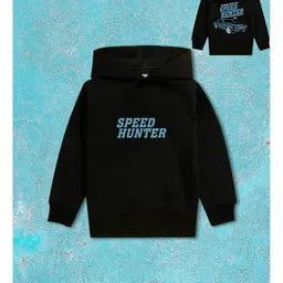 NUSYL Fleece Knit Full Sleeves Speed Hunter Text Printed Light Winter Hoodie - Black image 3