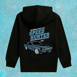 NUSYL Fleece Knit Full Sleeves Speed Hunter Text Printed Light Winter Hoodie - Black image 4