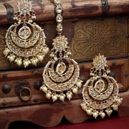 Zeneme Gold Plated Kundan Studded White Pearl Beaded Mang Tikka & Earring Set-picture-31