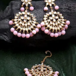 Zeneme Pink Pearl Studded H&crafted Kundan Maang Tikka & Earring Set-picture-27