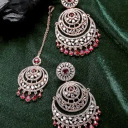 Zeneme Rose Gold Plated Pink AD Contemporary Earring & Maang Tikka Set-picture-43