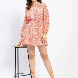 MADAME Orange & White Cotton Printed Fit & Flare Dress image 4