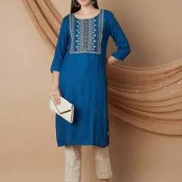 Melange by Lifestyle Blue Embroidered Straight Kurta-picture-28