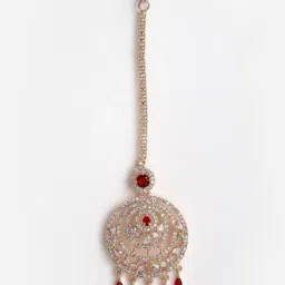 Zeneme Rose Gold Plated Pink AD Contemporary Earring & Maang Tikka Set image 5