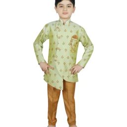 SG Yuvraj Kids Pista Green & Yellow Printed Full Sleeves Sherwani Set-picture-1