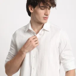 The Bear House White Cotton Slim Fit Striped Shirt image 4