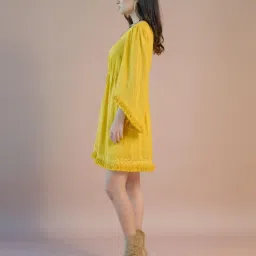 VIRGIO Yellow Flared Fit Solid Dress image 4