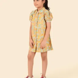 Fabindia Girls Yellow Cotton Hand Block Printed Dress image 4