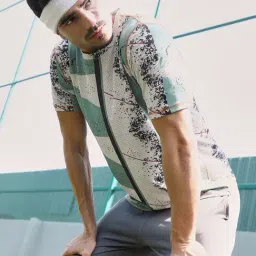 Campus Sutra Sage Green Off-White Abstract-Geo Activewear T-Shirt image 3