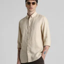 Jack & Jones Beige Linen Slim Fit Texture Shirts image 4
