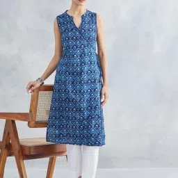Fabindia Blue Cotton Slim Fit Printed Kurta image 4