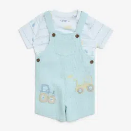 HOP Baby by Westside Blue Car Printed Cotton Dungaree with T-Shirt Set-picture-25