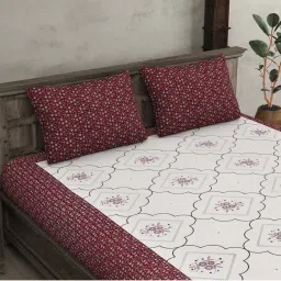 JaipurFabric Burgundy Pure Cotton 280 TC Jaipuri Jharokha Double Bedsheet with 2 Pillow Covers image 4