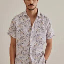 ANDAMEN Grey Regular Fit Printed Linen Shirt-image-71