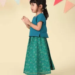 Fabindia Girls Green Cotton Printed Lehenga Set image 4