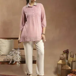 Nayam by Lakshita Pink Chiffon Zari Short Kurti image 5