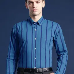 Hancock Blue Cotton Slim Fit Stripes Shirts-image-26