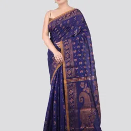 Pinkloom Blue Silk Floral Saree With Blouse Piece-picture-11