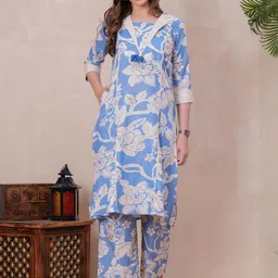 KALINI Printed V-Neck Pure Cotton Tunic With Trousers-image-49