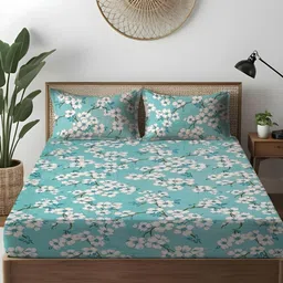 WEAVE AND DECOR Turquoise Blue & White Floral 300 TC Bedsheet with 2 Pillow Covers-picture-21