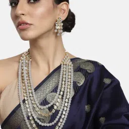 Peora Gold-Plated Kundan Pearl Long Necklace with Earring Traditional Jewellery Set-image-74