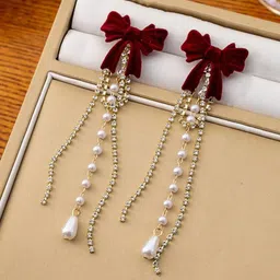 Celestique CZ Studded & Pearls Beaded Bow Shaped Korean Tasselled Drop Earrings-picture-11