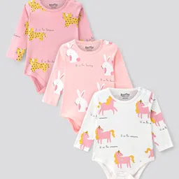 Bonfino 100% Cotton Knit Full Sleeves Bunny & Unicorn Printed Onesies Pack of 3 - Pink& Ivory-picture-38
