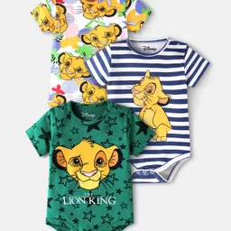 Babyhug Disney Interlock Knit Half Sleeves Striped & The Lion King Printed Onesies Pack of 3 - Green & White-picture-25