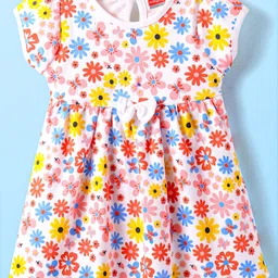 Babyhug Interlock Knit Half Sleeves Frock With Floral Print & Bow Applique - White-picture-25
