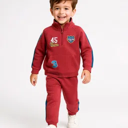 Babyhug Terry Knit Full Sleeves T-Shirt & Lounge Pant Set With Text Embroidery - Red-picture-24