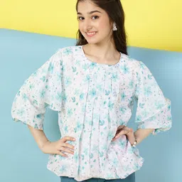 ISHTI Three Fourth Balloon Sleeves Floral Pleated Top - Sea Green-picture-10