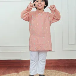 Polka Tots Cotton Full Sleeves Leaves Embroidered Kurta Pyjama Set - Orange-picture-36