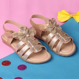 boyz n galz Bow Applique Detailed Stones Embellished Sandals With Velcro Closure - Rose Gold-image-25