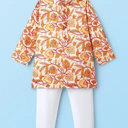 Ridokidz Full Sleeves Floral Printed Kurta Pyjama - Off White & Orange-picture-22
